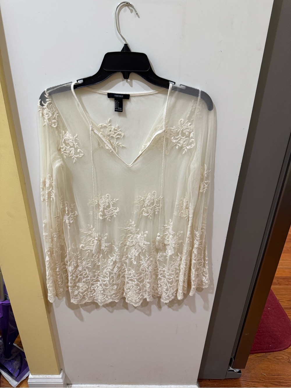 Forever 21 Ivory Embroidered Sheer V-Neck Top